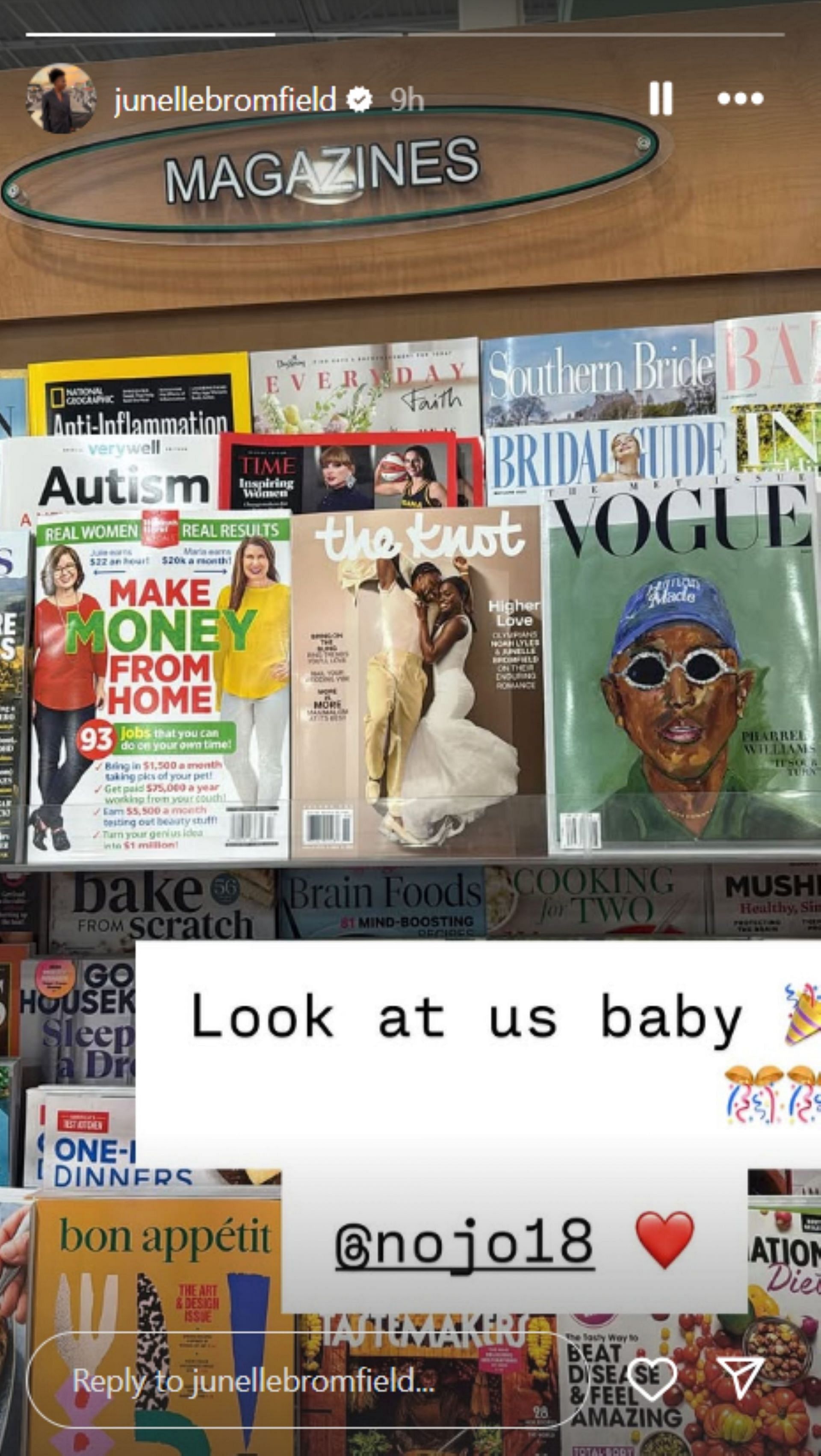 Noah Lyles' fiancee Junelle Bromfield spots The Knot magazine; Instagram - @junellebromfield